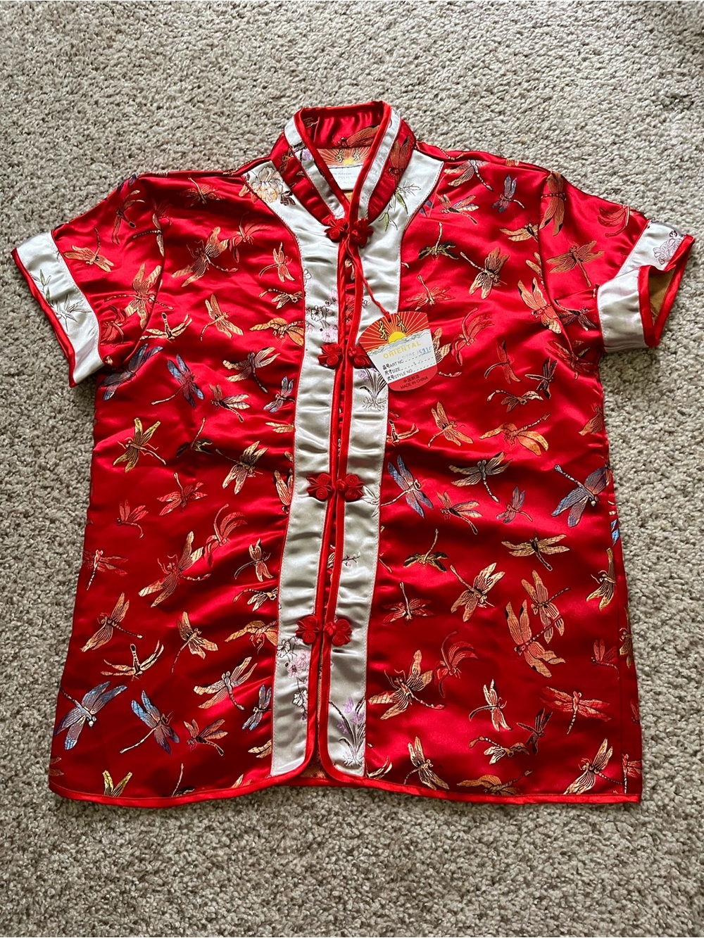 Chinese Silk Button Up Blouse, Girls Clothing Size 10, Dragonfly